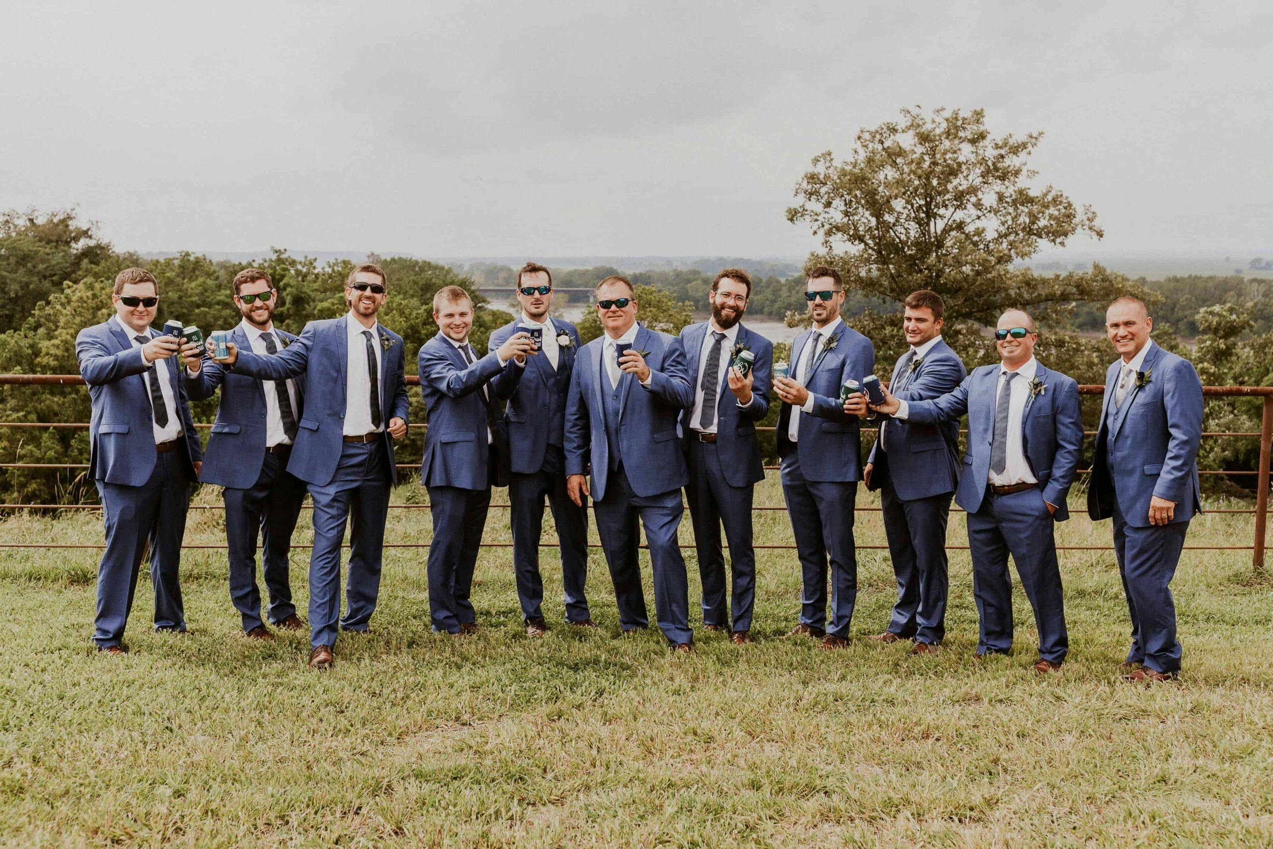 handsome men, groom, groomsman, groomsmen, sky, river view, cheers